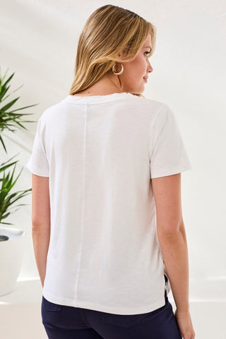 Slub Knit V-Neck Top With Double Trim Detail-White