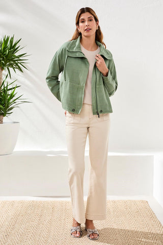 Slub Twill Front Button Jacket With Drawcord Collar-Moss