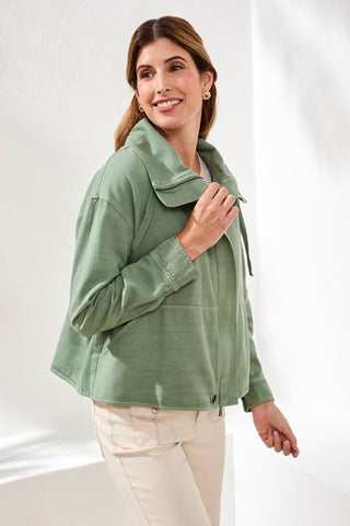 Slub Twill Front Button Jacket With Drawcord Collar-Moss