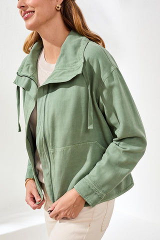 Slub Twill Front Button Jacket With Drawcord Collar-Moss