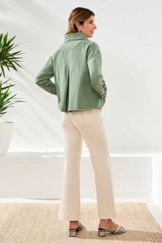 Slub Twill Front Button Jacket With Drawcord Collar-Moss