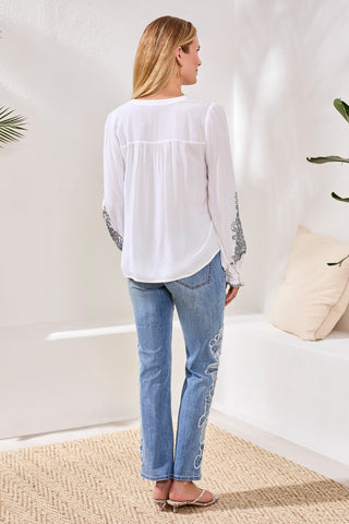 Viscose Notch Neck Embroidered Puff Sleeve Blouse-White