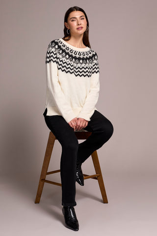 Fair Isle Soft Beaded Fair Isle Scoop Neck Sweater-Cream