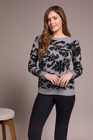 Soft Boucle Jacquard Long-Sleeve Crew Neck Sweater-Grey mix