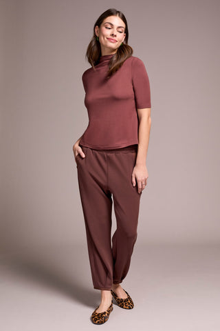 Soft French Terry Funnel Neck Elbow Sleeve Top-Cocoa
