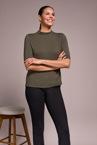 Soft French Terry Funnel Neck Elbow Sleeve Top-Spruce