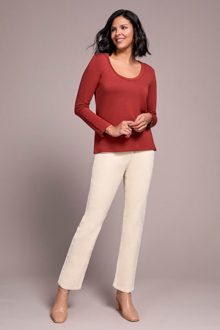Soft French Terry Scoop Neck Long Sleeve Top-Dk toffee