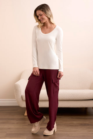 Soft French Terry Scoop Neck Long Sleeve Top-Eggshell