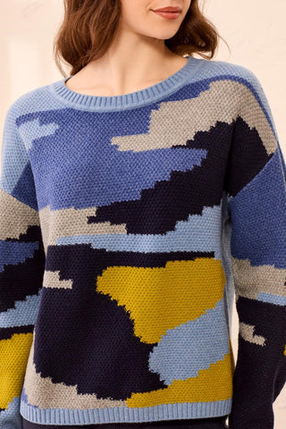 Soft Intarsia Crew Neck Drop Shoulder Knit Sweater-Blue fog