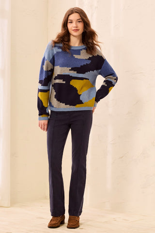Soft Intarsia Crew Neck Drop Shoulder Knit Sweater-Blue fog