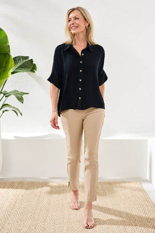 Soft Satin Drop Shoulder Classic Blouse-Black