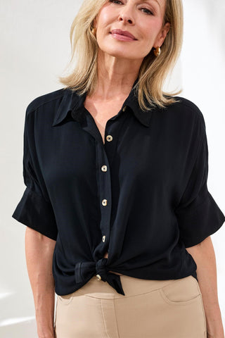 Soft Satin Drop Shoulder Classic Blouse-Black