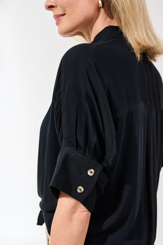 Soft Satin Drop Shoulder Classic Blouse-Black
