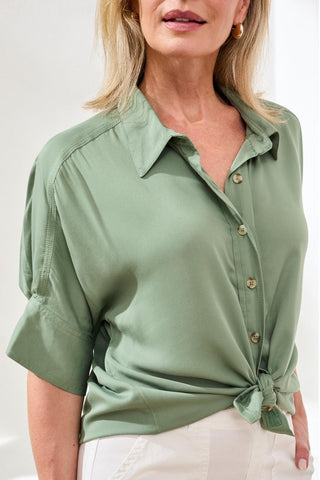 Soft Satin Drop Shoulder Classic Blouse-Moss