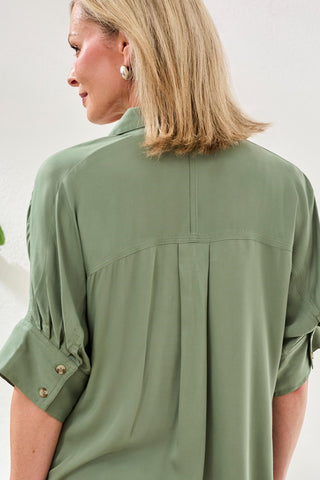 Soft Satin Drop Shoulder Classic Blouse-Moss