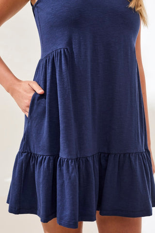 Soft Slub Knit Sleeveless V-Neck Tiered Dress-Jet blue