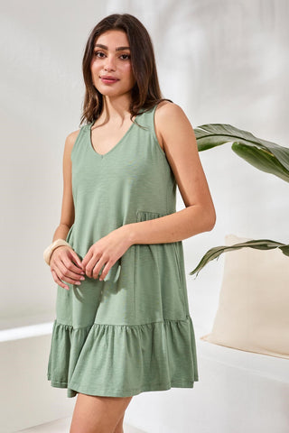 Soft Slub Knit Sleeveless V-Neck Tiered Dress-Moss