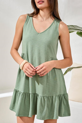 Soft Slub Knit Sleeveless V-Neck Tiered Dress-Moss