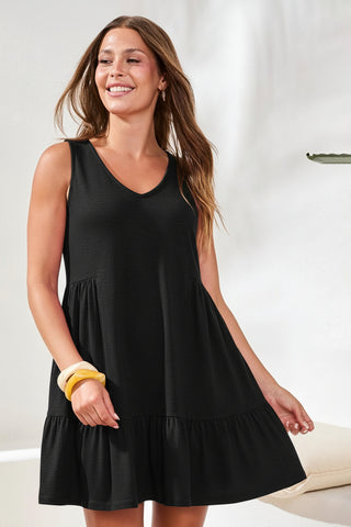 Soft Slub Knit Sleeveless V-Neck Tiered Dress-Black