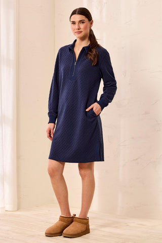 Robe À Col Zippé En Maille Texturée À Manches Longues-Bleu Jet