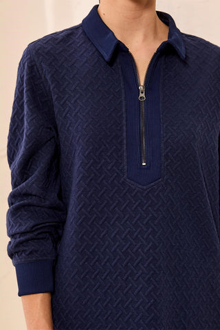Robe À Col Zippé En Maille Texturée À Manches Longues-Bleu Jet