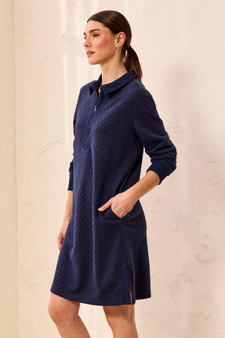 Robe À Col Zippé En Maille Texturée À Manches Longues-Bleu Jet