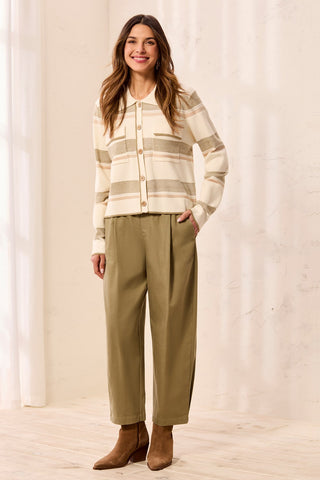 Soft Twill Pleated Barrel Wide Leg Ankle Pants-Aloe