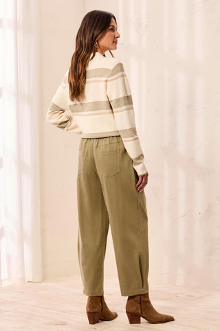 Soft Twill Pleated Barrel Wide Leg Ankle Pants-Aloe