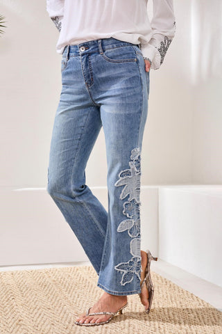 Embroidered Sophia Curvy Hugging Flare Leg Jeans-Pebbleblue