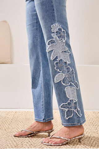 Embroidered Sophia Curvy Hugging Flare Leg Jeans-Pebbleblue