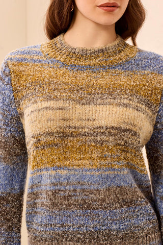 Space-Dye Textured Mock Neck Puff Sleeve Sweater-Cobalt