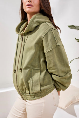 Special Wash Drop Shoulder Zip Up Hoddie-Rainforest