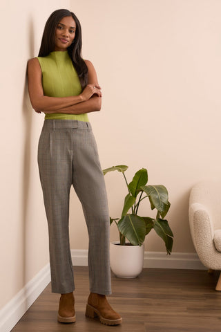 Straight Leg Fly-Front Plaid Trousers-Black