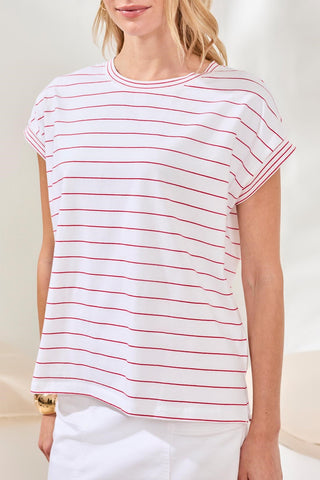 Stripe Jersey Cap Sleeve Crew Neck Top-Sangria