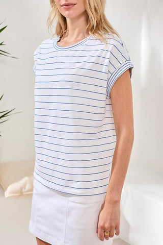 Stripe Jersey Cap Sleeve Crew Neck Top-Turkishsea