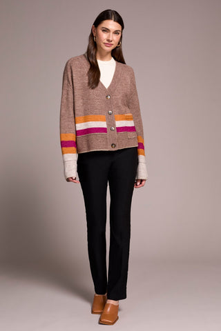 Stripe Long-Sleeve Sweater Cardigan With Pockets-Mocha
