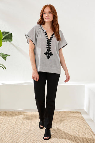 Flutter Sleeve Embroidered Detail Notch Neck Blouse-Black