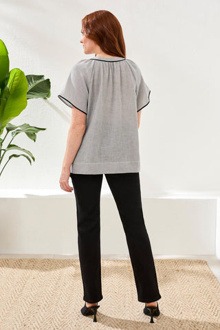 Flutter Sleeve Embroidered Detail Notch Neck Blouse-Black