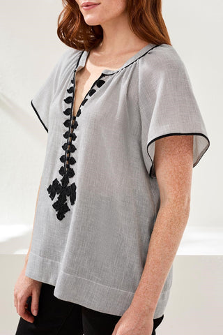 Flutter Sleeve Embroidered Detail Notch Neck Blouse-Black