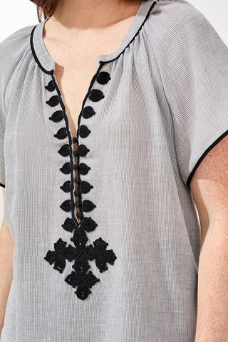 Flutter Sleeve Embroidered Detail Notch Neck Blouse-Black