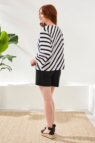 Cotton Striped Boat Neck Bell‑Sleeve Top-Black