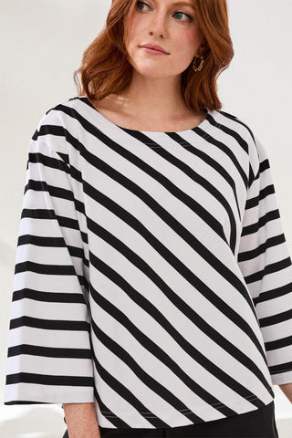 Cotton Striped Boat Neck Bell‑Sleeve Top-Black