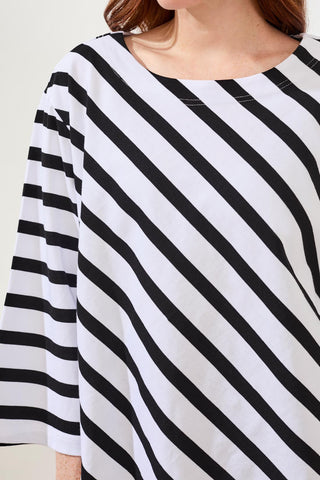 Cotton Striped Boat Neck Bell‑Sleeve Top-Black