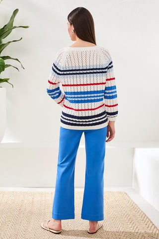 Striped Cotton Crew Neck Sweater With Cable Detail-Royal