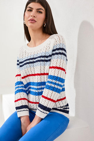 Striped Cotton Crew Neck Sweater With Cable Detail-Royal