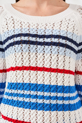 Striped Cotton Crew Neck Sweater With Cable Detail-Royal