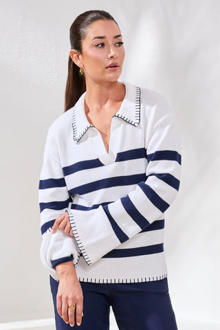 Striped Cotton Polo Sweater With Blanket Stitch Detail-Bleu Jet