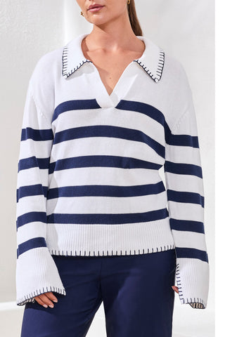 Striped Cotton Polo Sweater With Blanket Stitch Detail-Bleu Jet