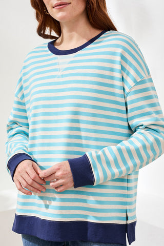 Striped French Terry Crew Neck Top With Combo Trim-Aqua sky