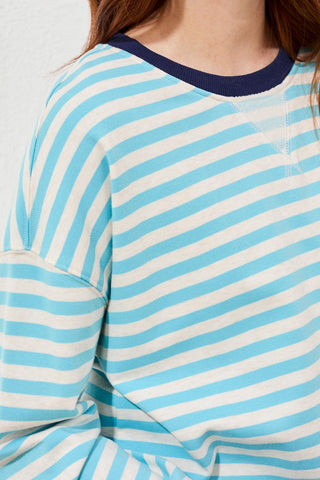 Striped French Terry Crew Neck Top With Combo Trim-Aqua sky